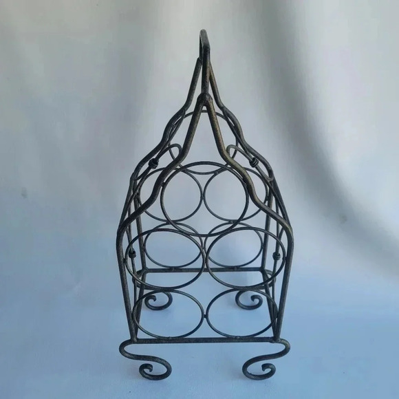 21" Vintage Finish metal decorative 5 wine bottle holder table top w/ Handle - Picture 8 of 11